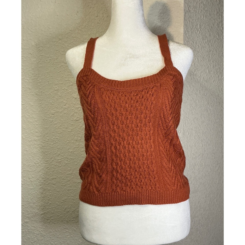 Retro 70's Inspired Burnt Orange Cable Knit Tank Top Sweater Med